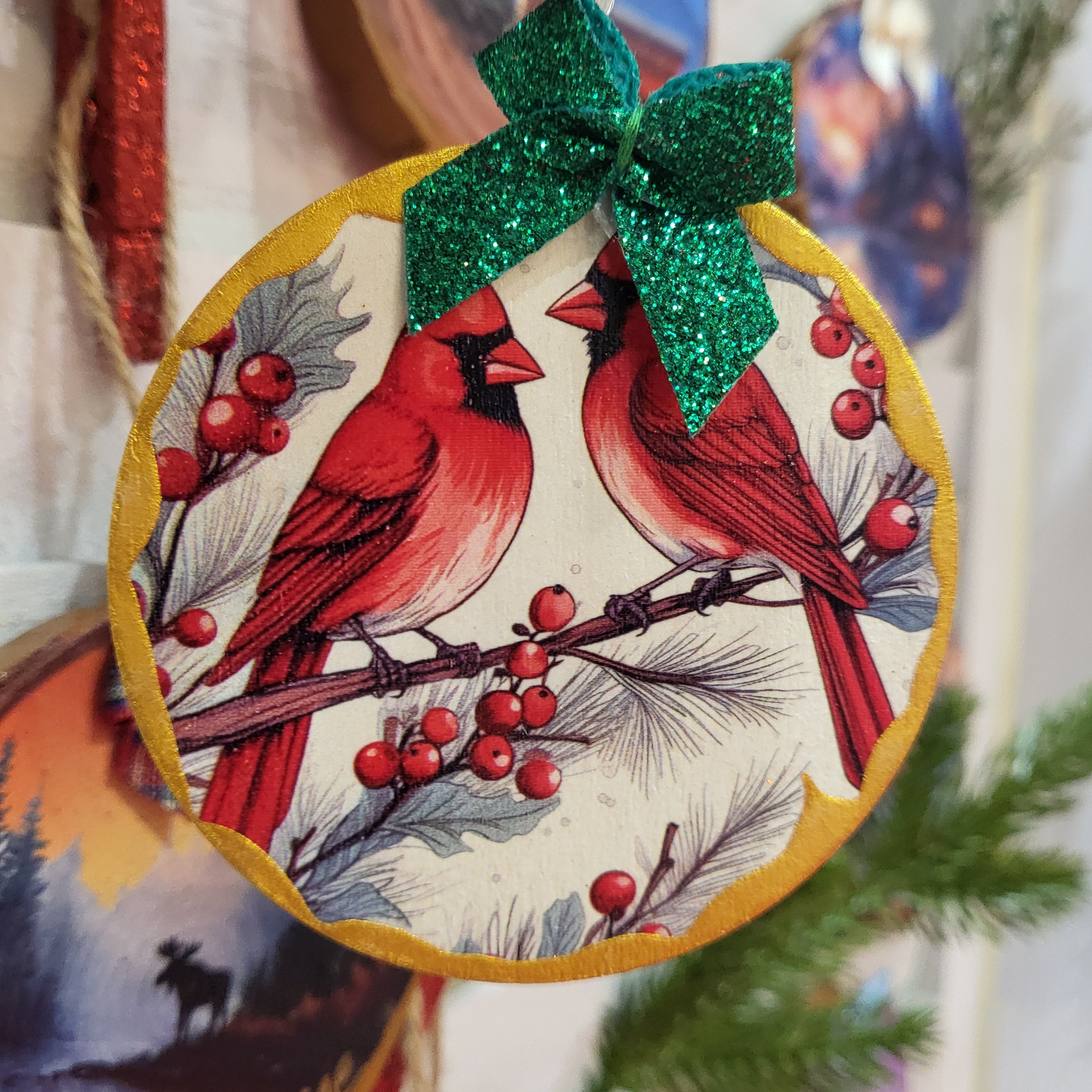 Red Cardinals on Gold Edged Wood Ornament