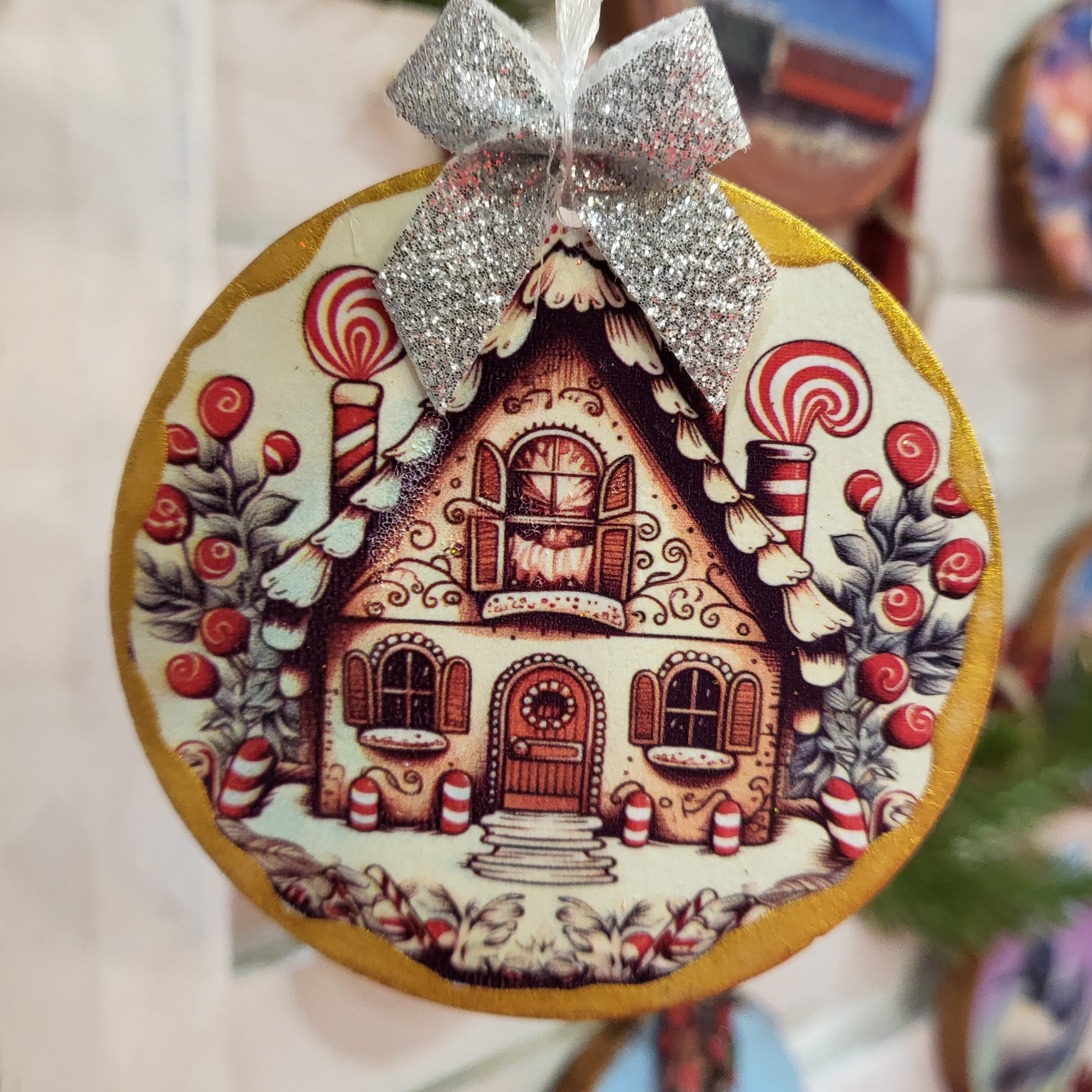 Charming Christmas House on Gold Edged Wood Ornament