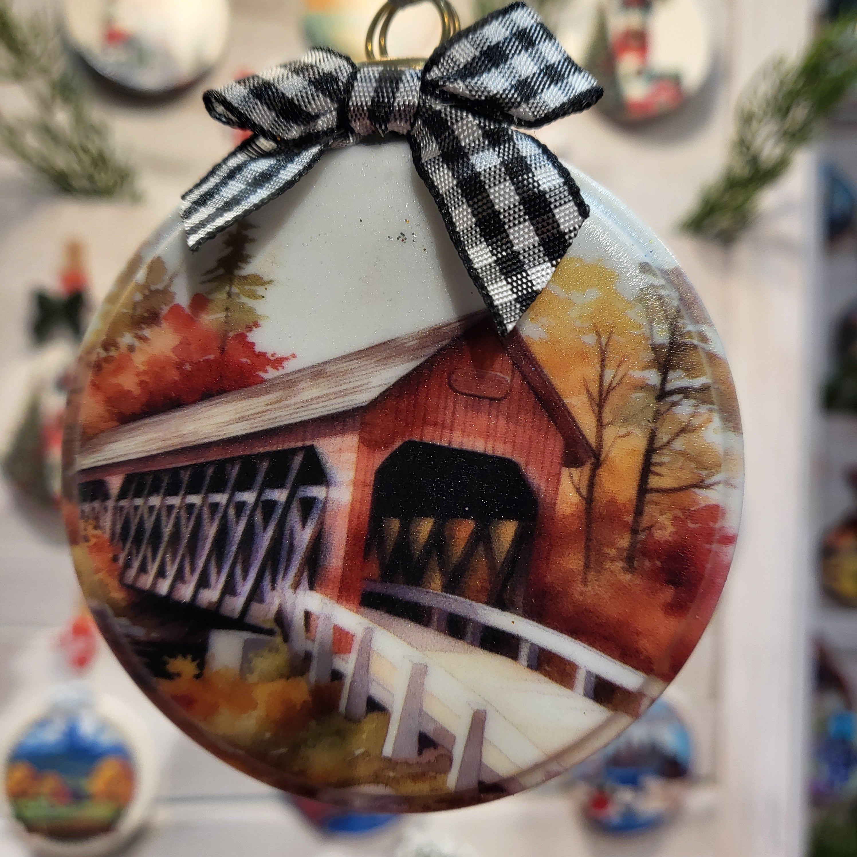 Covered Bridge on Ceramic Art Ornament