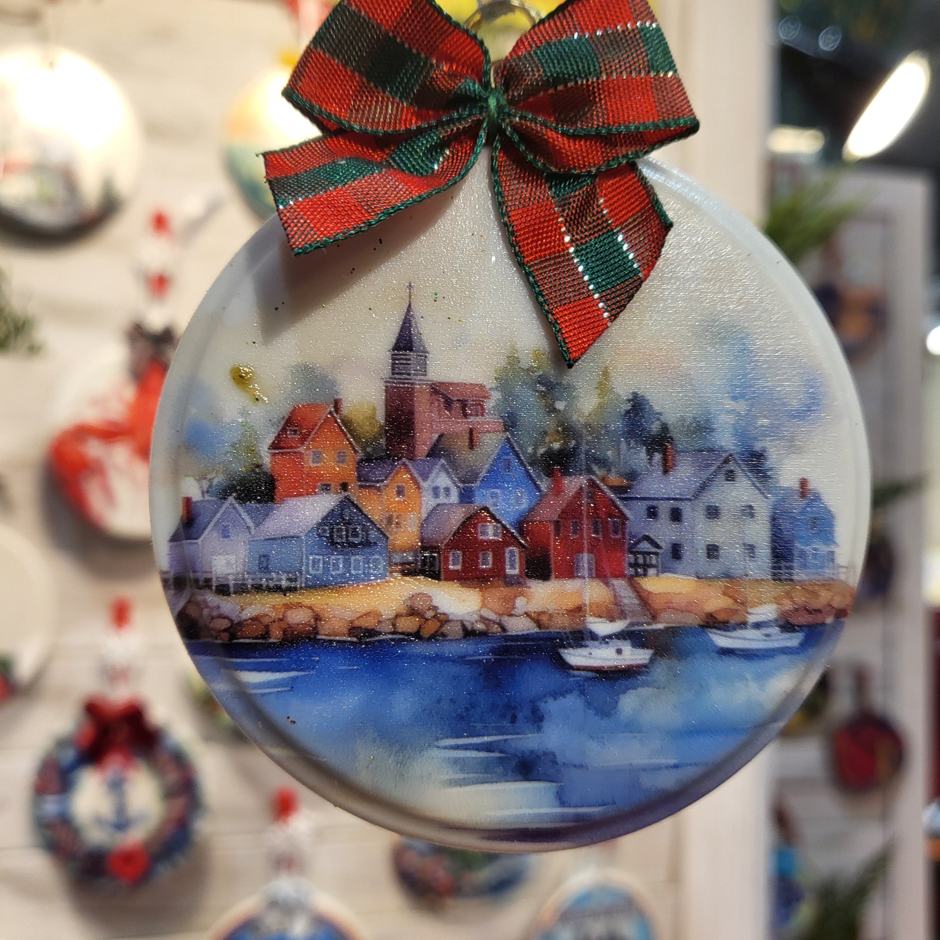 New England Harbor on Ceramic Art Ornament