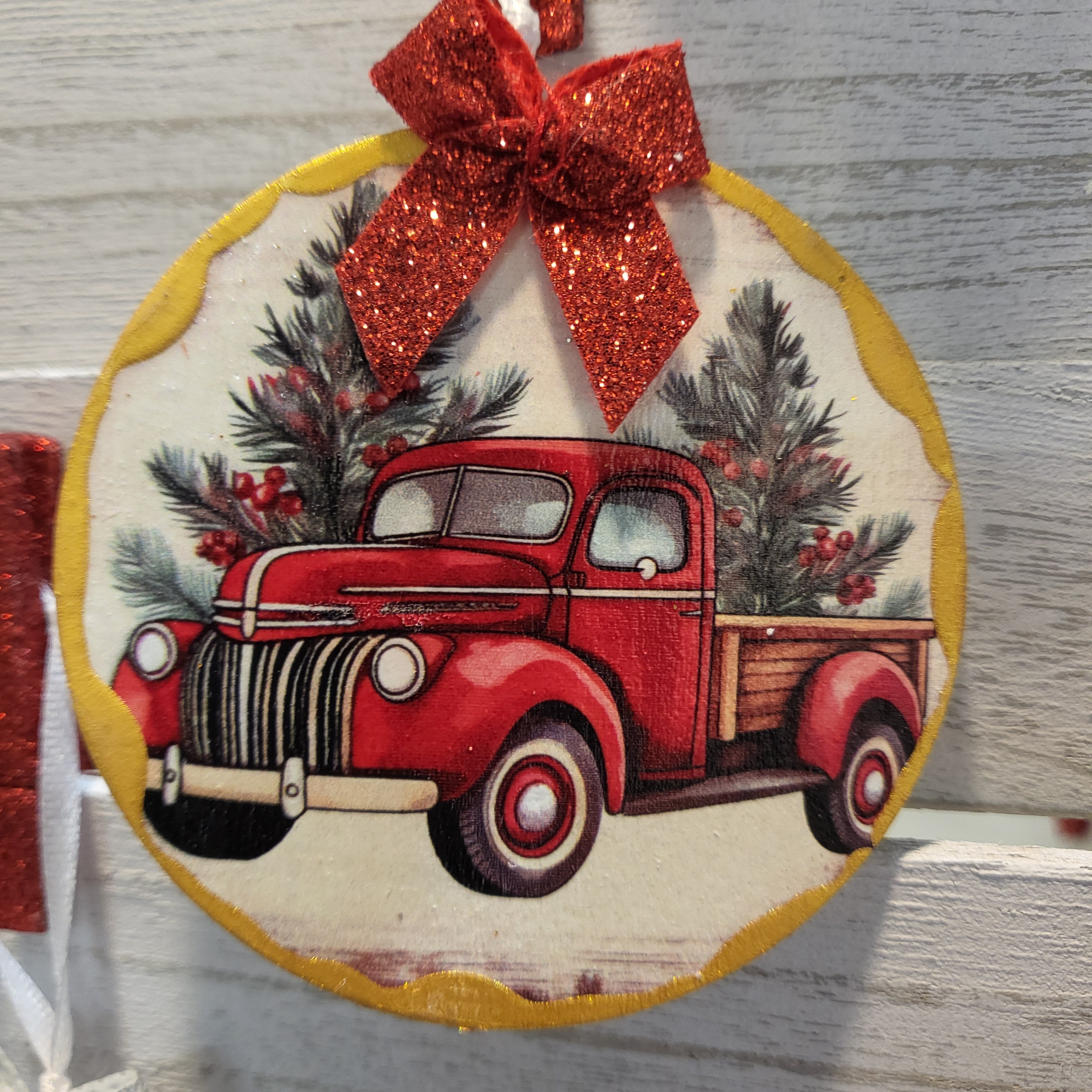 Red Pick Up Truck Gold Edge Wood Ornament
