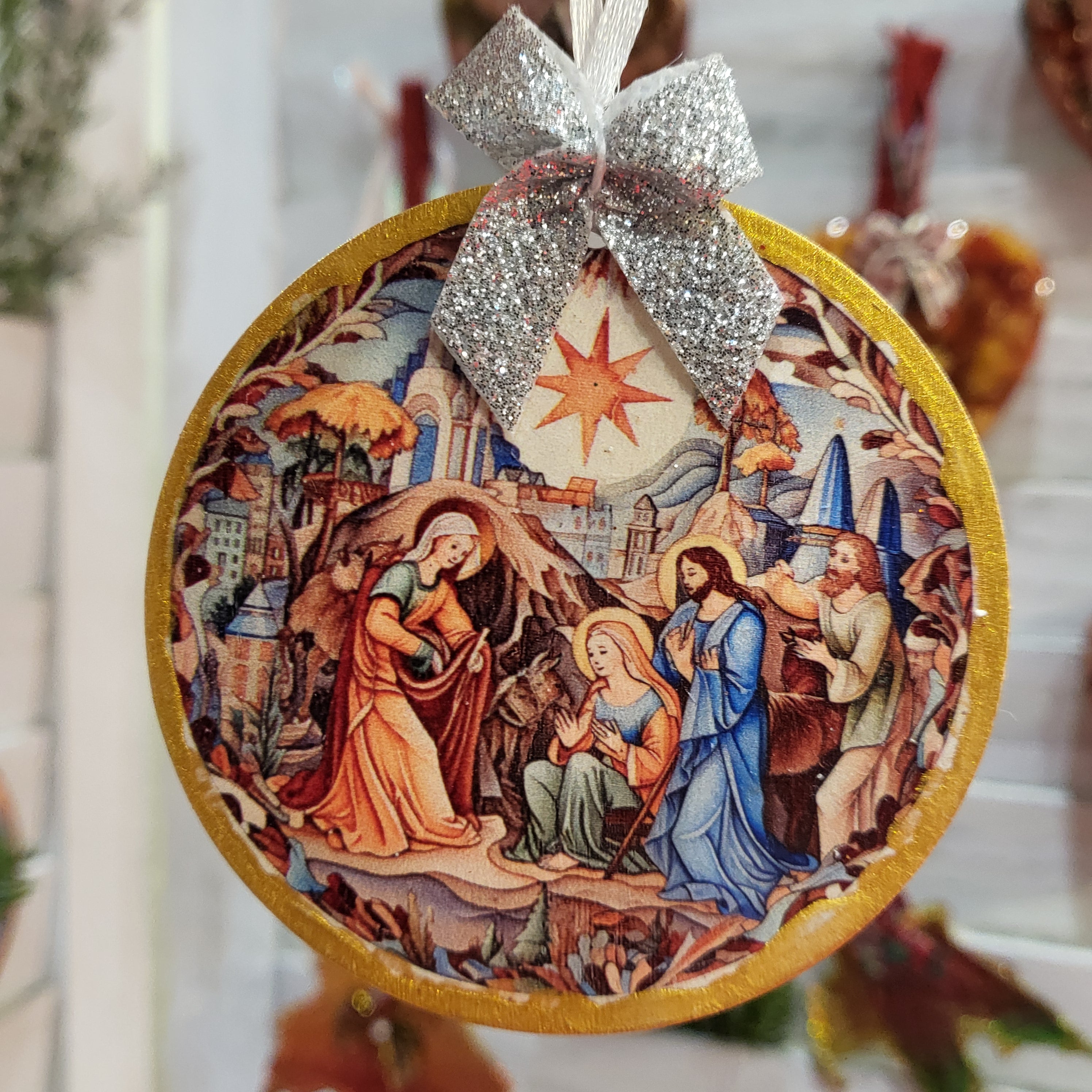 Nativity and Manger on Gold Edged Wood Ornament