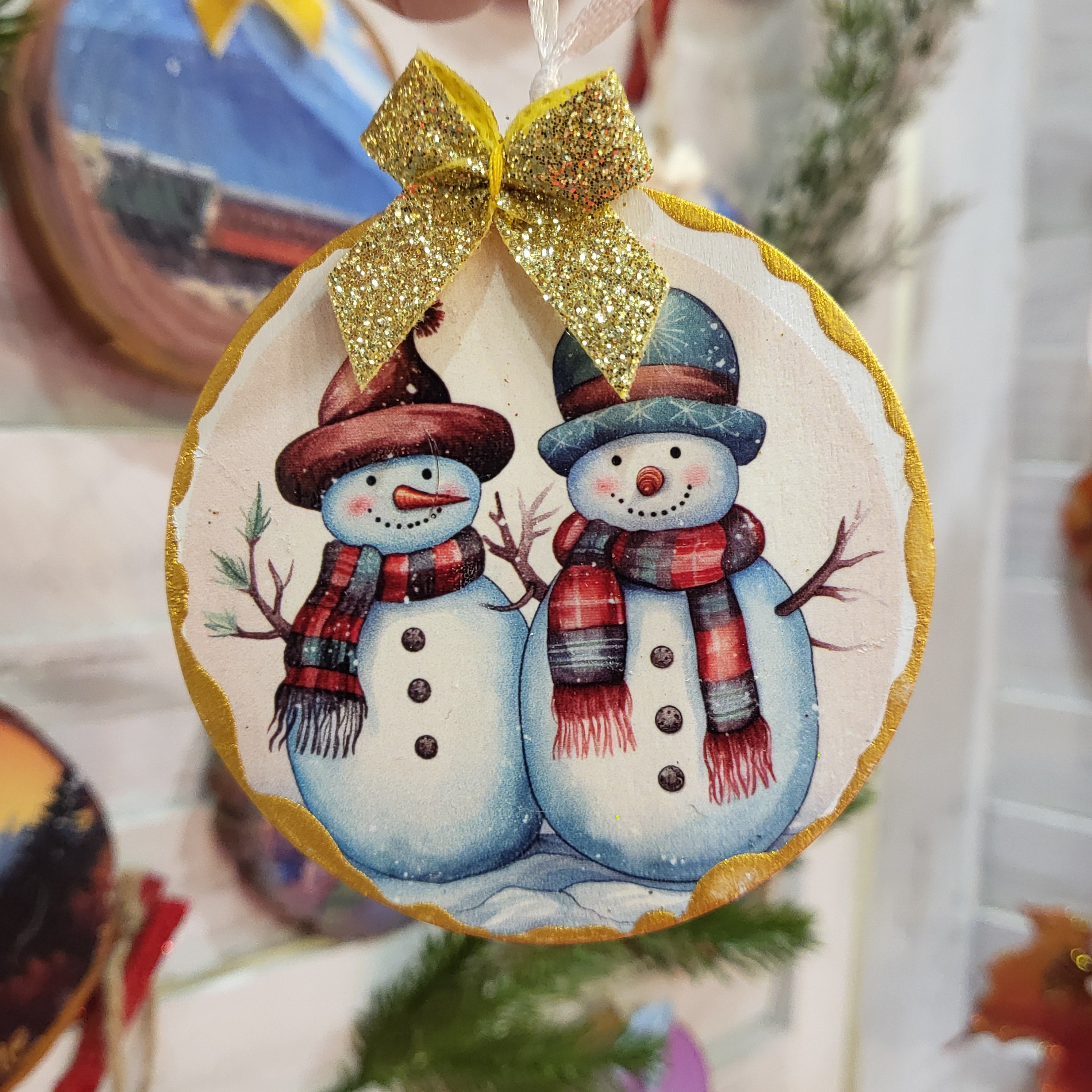 Snowman Couple on Gold Edged Wood Ornament