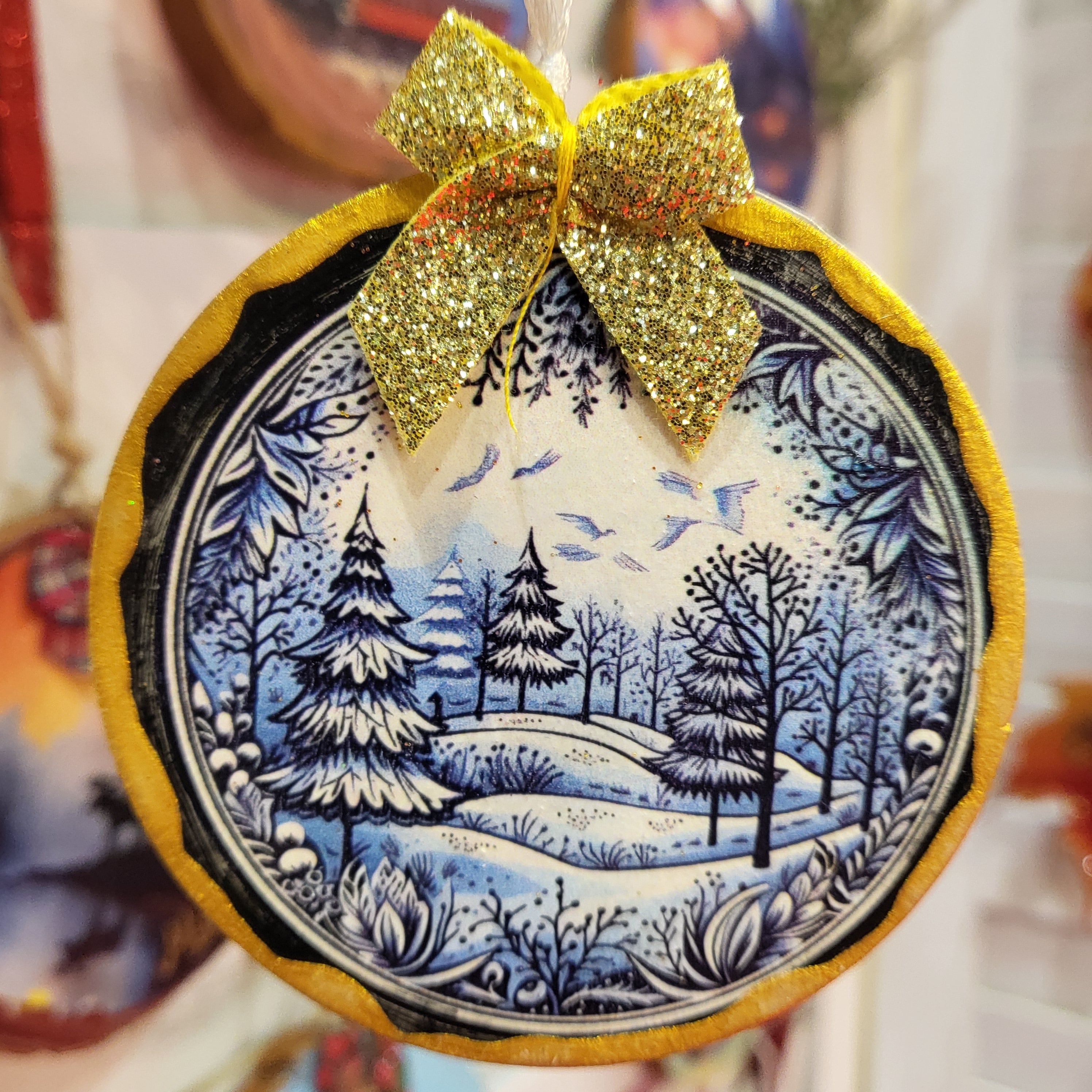 Dark Woodland on Gold Edged Wood Ornament