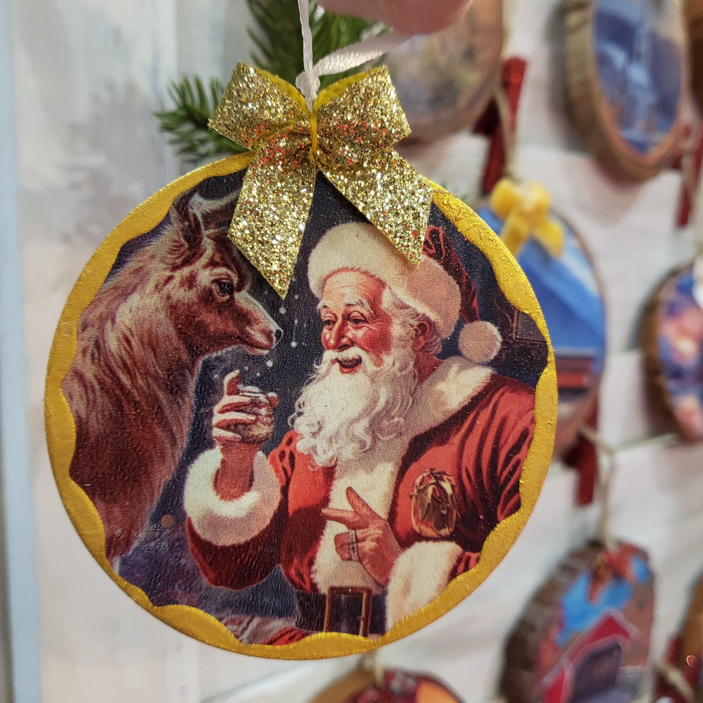 Santa Claus on Gold Edged Wood Ornament