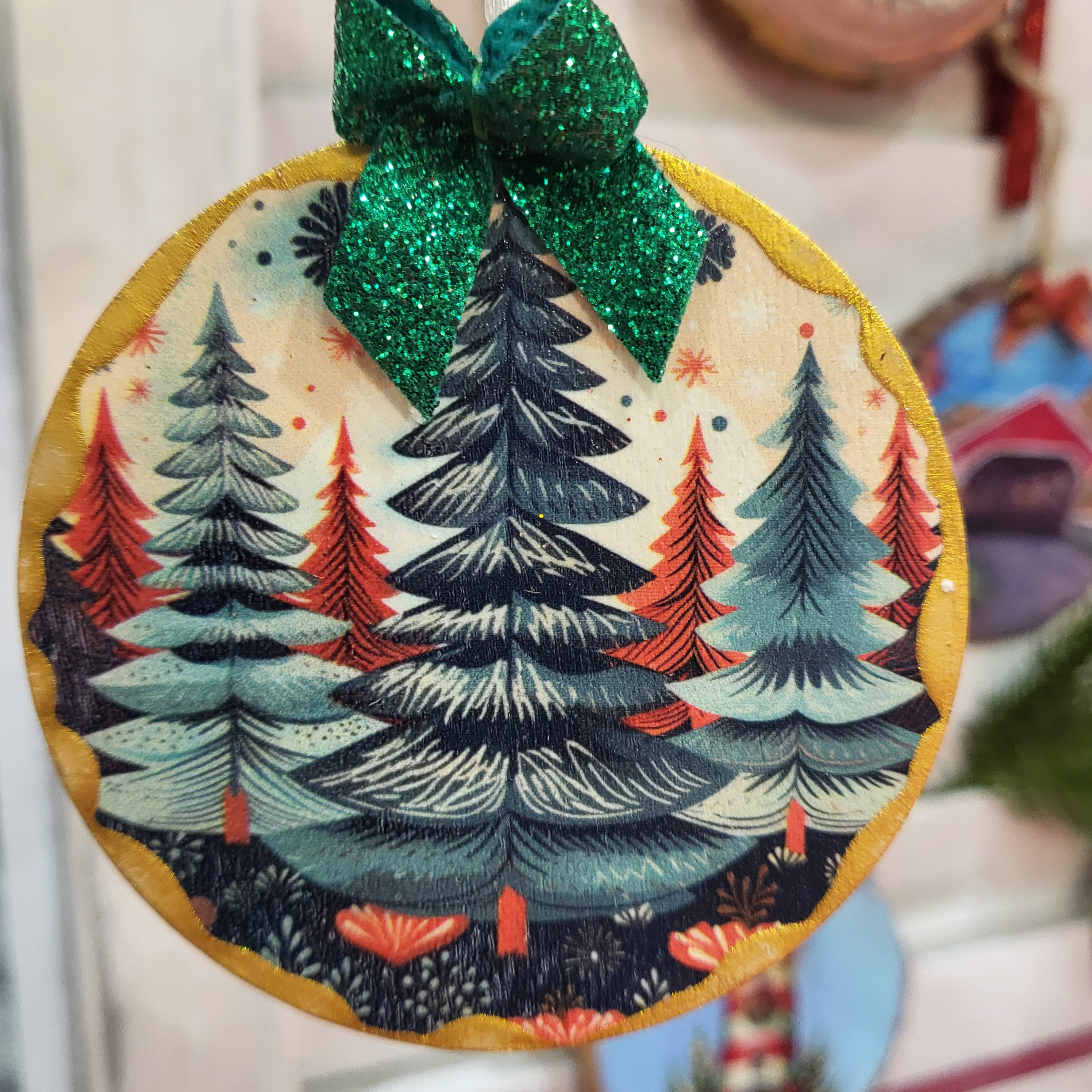 Christmas Tree Wonderland on Gold Edged Wood Ornament
